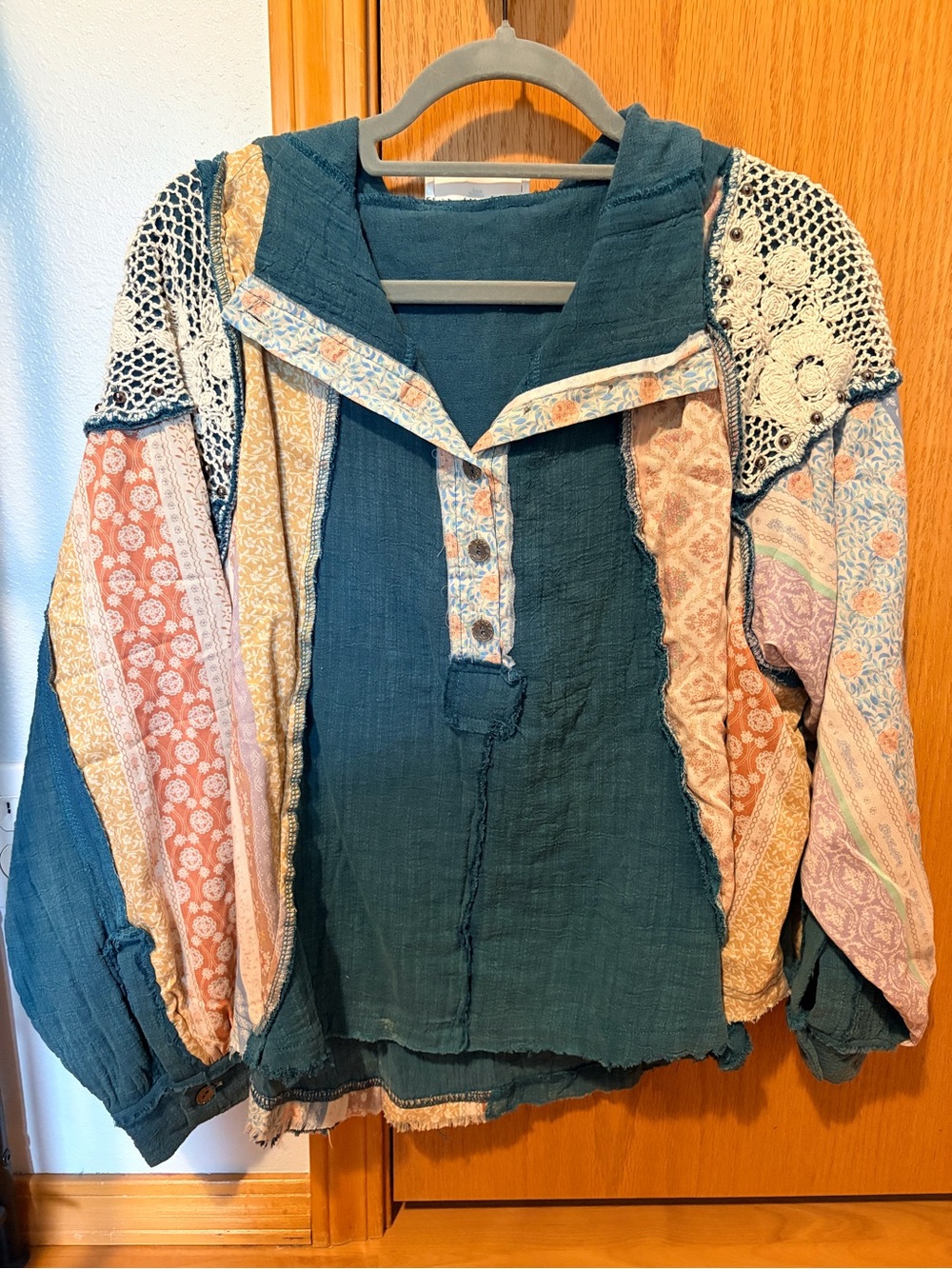 Teal Patchwork Long Sleeve Peasant Top with Crochet Yoke